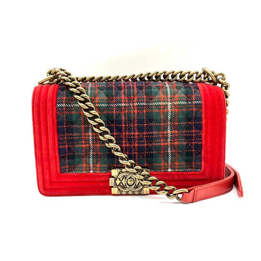 Chanel Boy Chain Shoulder Bag Red Green Check