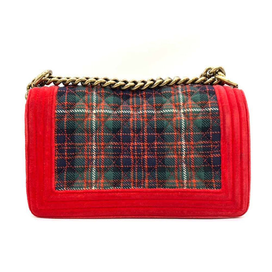 Chanel Boy Chain Shoulder Bag Red Green Check