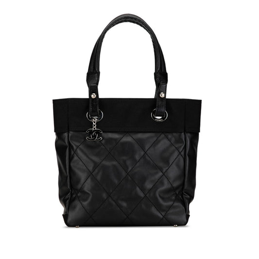 Chanel Coco Mark Paris Biarritz Tote PM Bag Black PVC Leather