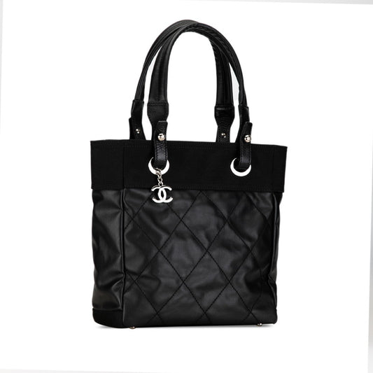 Chanel Coco Mark Paris Biarritz Tote PM Bag Black PVC Leather