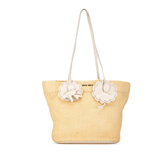 Miu Miu Flower Motif Straw Leather Tote Bag