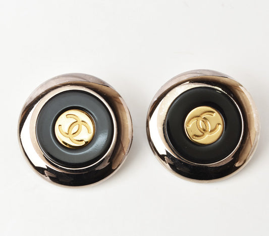 Chanel Vintage Coco Mark Earrings Gold/Black/Silver