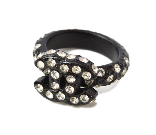 Chanel Coco Mark Rhinestone Black Ring Size 12