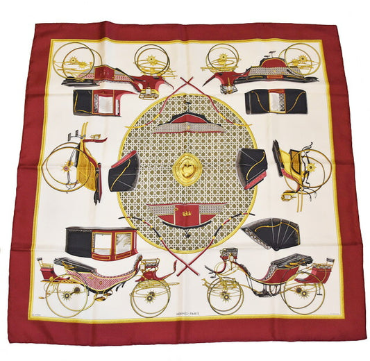 Hermes Silk Scarf Carriage Motif Bordeaux/White