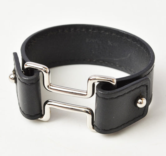 Hermes Leather Night Bangle Bracelet Black/Silver