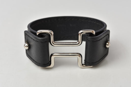 Hermes Leather Night Bangle Bracelet Black/Silver