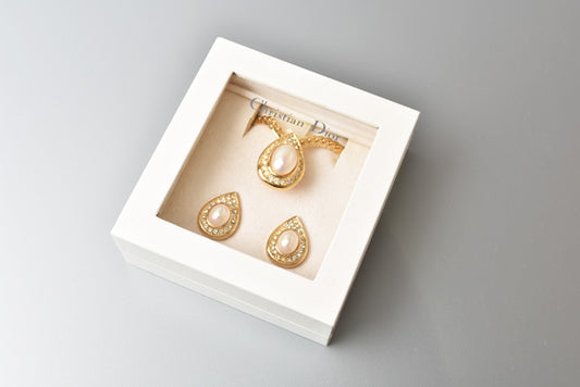 Christian Dior Vintage Necklace Earrings Set with Rhinestones and Faux Pearls