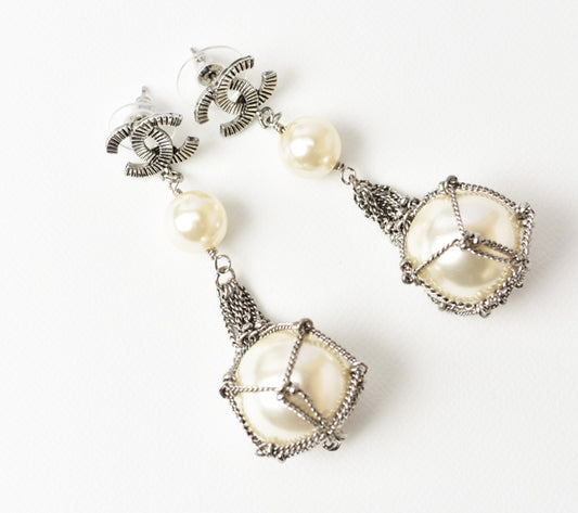 Chanel Pearl Motif Earrings Silver