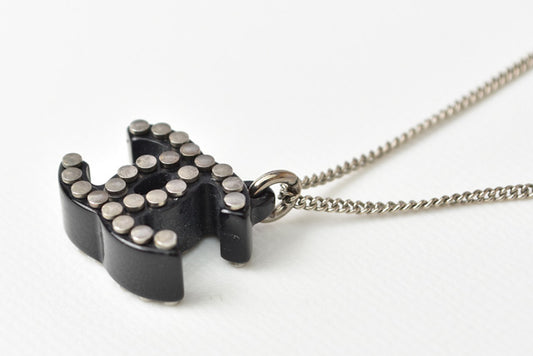 Chanel Necklace Pendant CC Studs Black Silver