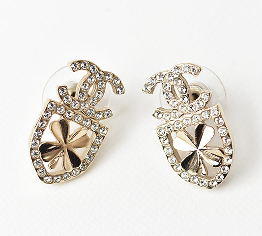 Chanel CC Clover Motif Rhinestone Earrings