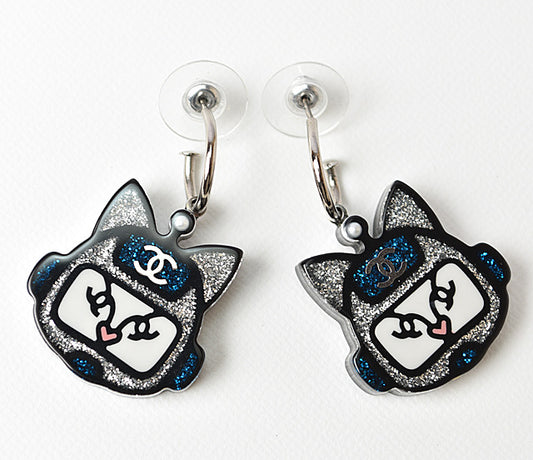 Chanel Cat Robot Swing Earrings Blue/Silver