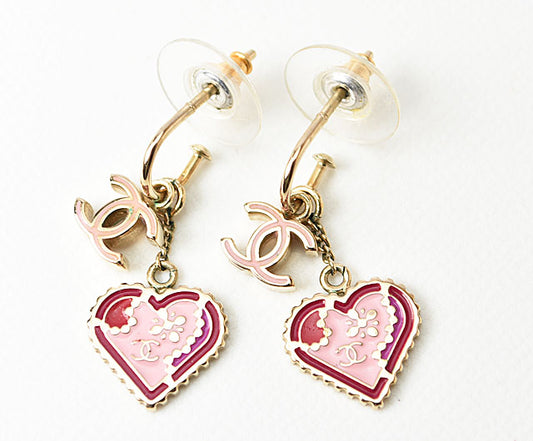 Chanel Pink Gold Heart CC Earrings