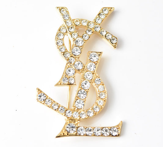 Yves Saint Laurent YSL Logo Rhinestone Pin Brooch