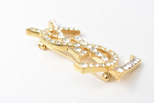 Yves Saint Laurent YSL Logo Rhinestone Pin Brooch