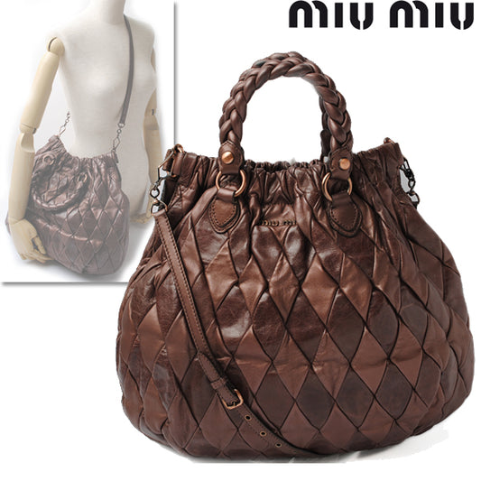 Miu Miu Leather 2way Hobo Bag Metallic Brown