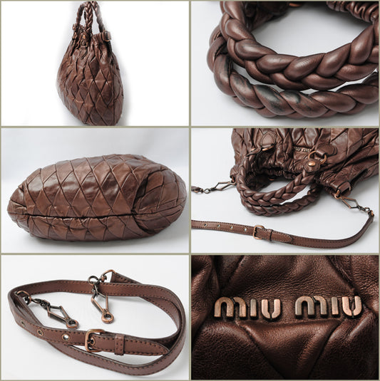 Miu Miu Leather 2way Hobo Bag Metallic Brown