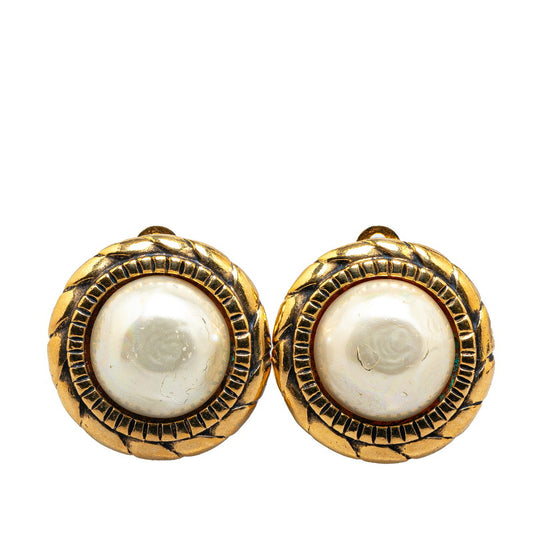 Chanel Faux Pearl Round Clip Earrings Gold