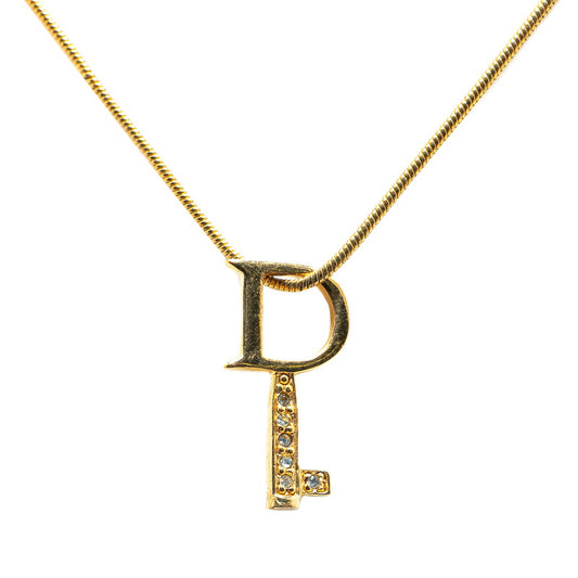 Dior D Logo Key Motif Rhinestone Necklace Gold