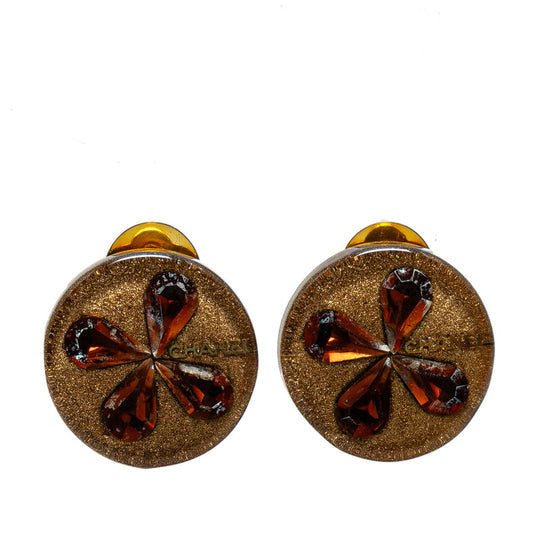 Chanel Clover Motif Earrings Brown Plastic