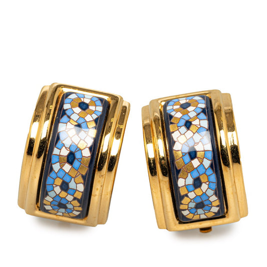 Hermes Enamel Pattern Clip Earrings Gold Blue