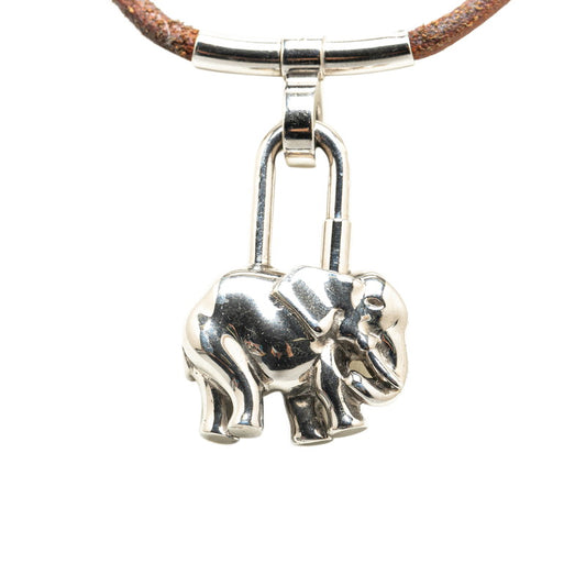 Hermes Elephant Cadena Necklace Silver Brown Metal Leather