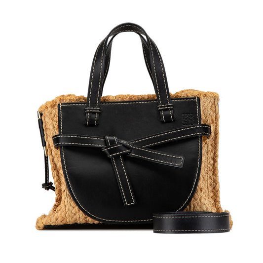 Loewe Gate Mini Top Handle Bag Black Raffia Leather