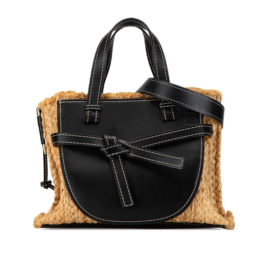 Loewe Gate Mini Top Handle Bag Black Raffia Leather